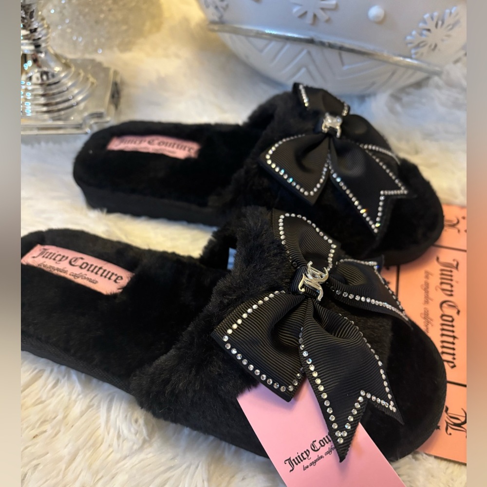 Juicy Couture  NWT Black Slippers with Rhinestone Bow